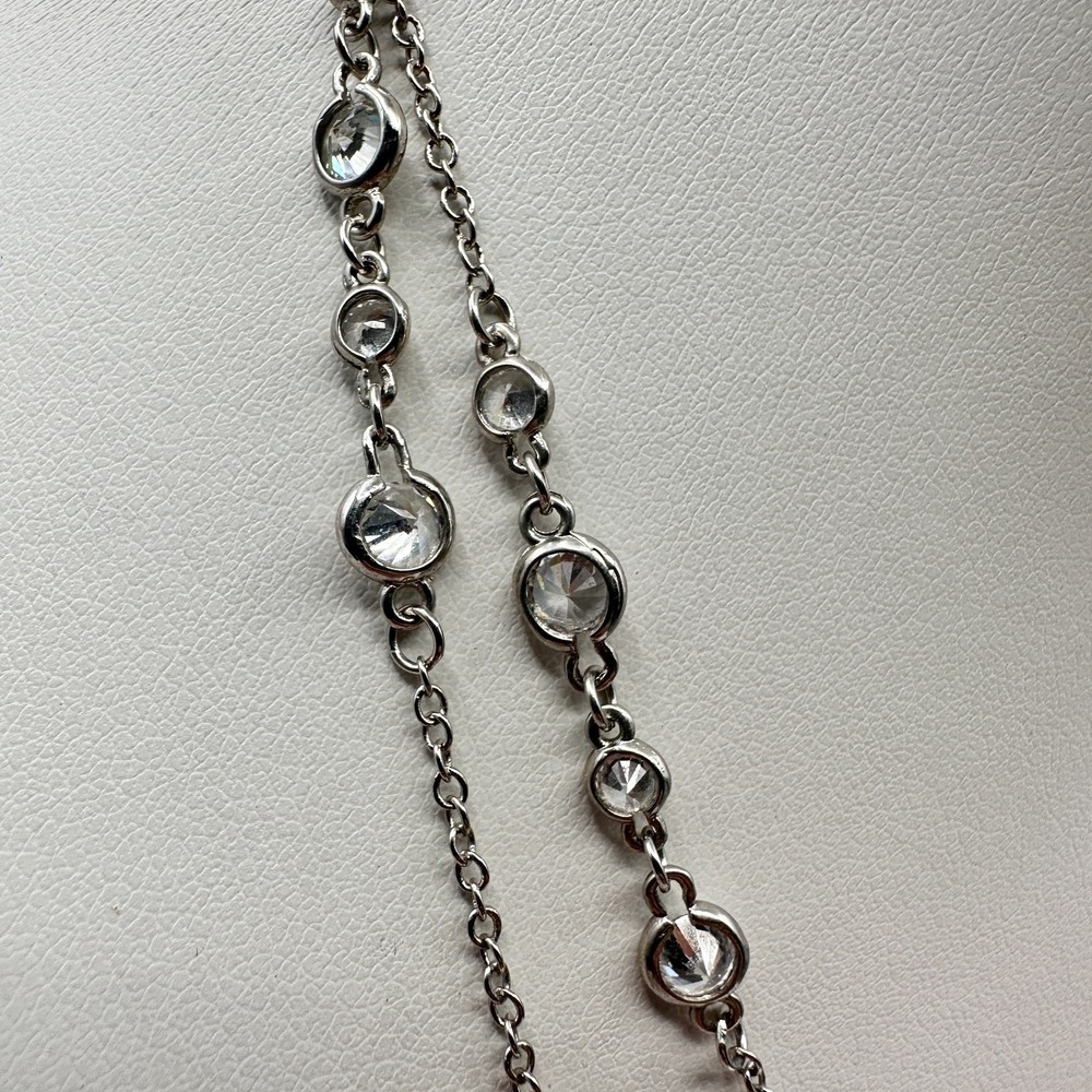 Necklace Silver Tone Double Strand Clear Rhinestone Bezel Set Statement Chain - Picture 4 of 9